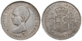 Alfonso XIII (1886-1931). 5 pesetas. 1889*18-89. Madrid. MPM. (Cal-93). Ag. 24,83 g. Minor nicks on edge. Cleaned. Choice VF. Est...40,00. 

Spanish...
