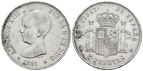 Alfonso XIII (1886-1931). 5 pesetas. 1891*18-91. Madrid. PGM. (Cal-98). Ag. 24,80 g. Cleaned. Choice VF. Est...35,00. 

Spanish descripction: Centen...