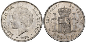 Alfonso XIII (1886-1931). 5 pesetas. 18892*18-92. Madrid. PGM. (Cal-100). Ag. 25,02 g. Minor marks. Original luster. XF. Est...160,00. 

Spanish des...