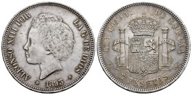 Alfonso XIII (1886-1931). 5 pesetas. 1893*18-93. Madrid. PGV. (Cal-103). Ag. 24,84 g. Toned. Choice VF/Almost XF. Est...300,00. 

Spanish descripcti...