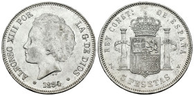 Alfonso XIII (1886-1931). 5 pesetas. 1894*18-94. Madrid. PGV. (Cal-104). Ag. 25,00 g. Minor nicks on edge. It retains some minor luster. Almost XF/XF....