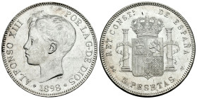 Alfonso XIII (1886-1931). 5 pesetas. 1898*18-98. Madrid. SGV. (Cal-109). Ag. 24,94 g. Original luster. Minor scratches. XF/AU. Est...120,00. 

Spani...