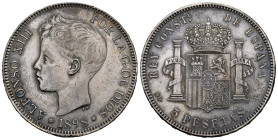 Alfonso XIII (1886-1931). 5 pesetas. 1898*18-98. Madrid. SGV. (Cal-109). Ag. 14,92 g. Minor nicks on edge. Toned. Cleaned. Choice VF. Est...50,00. 
...