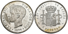 Alfonso XIII (1886-1931). 5 pesetas. 1899*18-99. Madrid. SGV. (Cal-110). Ag. 24,96 g. Scratche on obverse. Plenty luster. Ex Cayón, (16/07/2004), lot ...