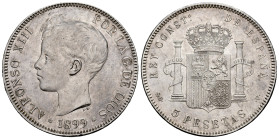 Alfonso XIII (1886-1931). 5 pesetas. 1899*18-99. Madrid. SGV. (Cal-110). Ag. 25,01 g. Original luster. AU. Est...100,00. 

Spanish descripction: Cen...