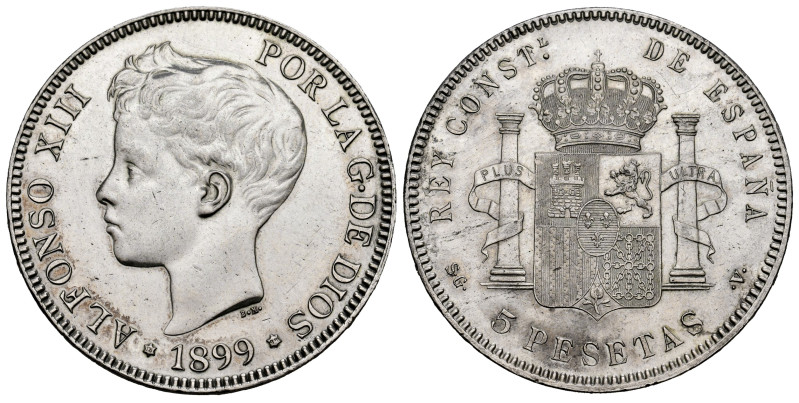 Alfonso XIII (1886-1931). 5 pesetas. 1899*18-99. Madrid. SGV. (Cal-110). Ag. 25,...