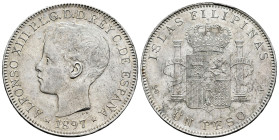 Alfonso XIII (1886-1931). 1 peso. 1897. Manila. SGV. (Cal-122). Ag. 25,00 g. Minor nick on edge. Minor marks. It retains some minor luster. Almost XF....