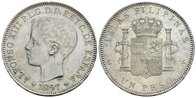 Alfonso XIII (1886-1931). 1 peso. 1897. Manila. SGV. (Cal-122). Ag. 24,85 g. Minor nicks. Almost XF. Est...200,00. 

Spanish descripction: Centenari...