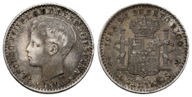 Alfonso XIII (1886-1931). 10 centavos. 1896. Puerto Rico. PGV. (Cal-125). Ag. 2,51 g. Tono. Choice VF. Est...60,00. 

Spanish descripction: Centenar...