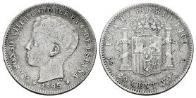 Alfonso XIII (1886-1931). 20 centavos. 1895. Puerto Rico. PGV. (Cal-126). Ag. 4,95 g. Scarce. Almost VF/Choice F. Est...60,00. 

Spanish descripctio...