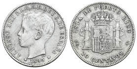 Alfonso XIII (1886-1931). 20 centavos. 1895. Puerto Rico. PGV. (Cal-126). Ag. 4,94 g. Cleaned. Choice F. Est...60,00. 

Spanish descripction: Centen...