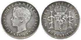 Alfonso XIII (1886-1931). 40 centavos. 1896. Puerto Rico. (Cal-127). Ag. 9,97 g. Toned. Rare. Almost VF. Est...420,00. 

Spanish descripction: Cente...