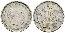 Estado Español (1936-1975). 50 pesetas. 1957 *58. Madrid. (Cal-133). 12,56 g. "UNA-LIBRE-GRANDE" on edge. Rare. VF. Est...400,00. 

Spanish descripc...