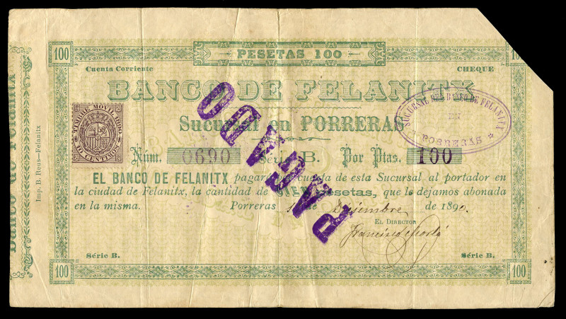 100 pesetas. 1890. Bank of Felanitx (Mallorca). Porreras Branch. Series B. Decem...