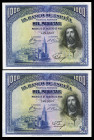 1000 pesetas. 1928. Madrid. (Ed 2017-357). August 15, Ferdinand III the Saint. Without serie. Some corner folds. Correlative pair. XF. Est...70,00. 
...