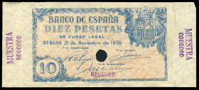 10 pesetas. 1936. (Ed-Unlisted). November 21 by José López Sánchez Toda and printing by M. Portabella, from Zaragoza city. Not issued banknote, perfor...
