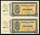 100 pesetas. 1937. (Ed-C50 var). September, Spanish coat of arms, Asturias and Leon. Slight stains on the upper margin. Correlative pair, with matrix ...