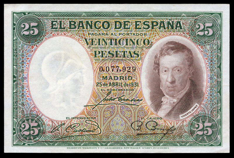 25 pesetas. 1931. Madrid. (Ed 2017-258). April 25, Vicente Lopez. Without serie....