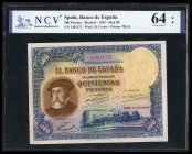 500 pesetas. 1935. Madrid. (Ed-365). (Pick-89). January 7, Hernán Cortés. Without serie. Slabbed by NCV as Uncirculated 64. Est...450,00. 

Spanish ...