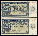 25 pesetas. 1936. Burgos. (Ed 2017-419a). 21 November by Giesecke and Devrient. Serie S. Correlative pair. Almost MS. Est...120,00. 

Spanish descri...