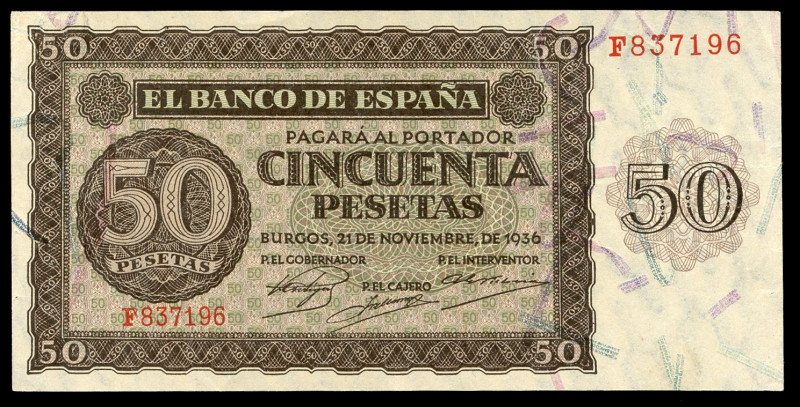 50 pesetas. 1936. Burgos. (Ed 2017-420a). 21 November by Giesecke and Devrient. ...