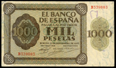 1000 pesetas. 1936. Burgos. (Ed-423a). November 21, Alcazar of Toledo. Serie B. Bends. VF. Est...150,00. 

Spanish descripction: 1000 pesetas. 1936....