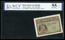 1 peseta. 1938. Burgos. (Ed-427a). (Pick-108a). February 28, shield of Spain. Serie I. Slabbed by NCV as 55 About Uncirculated. Est...35,00. 

Spani...