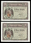 1 peseta. 1938. Burgos. (Ed 2017-428a). April 30, Shield of Spain. Serie E. Correlative pair. Bend in the lower left corner. XF. Est...35,00. 

Span...