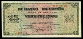 25 pesetas. 1938. Burgos. (Ed 2017-430). May 20, Giralda de Sevilla. Serie A. Central bend. Choice VF. Est...45,00. 

Spanish descripction: 25 peset...