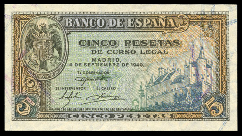 5 pesetas. 1940. Madrid. (Ed 2017-443a). September 4, Alcazar of Segovia. Serie ...