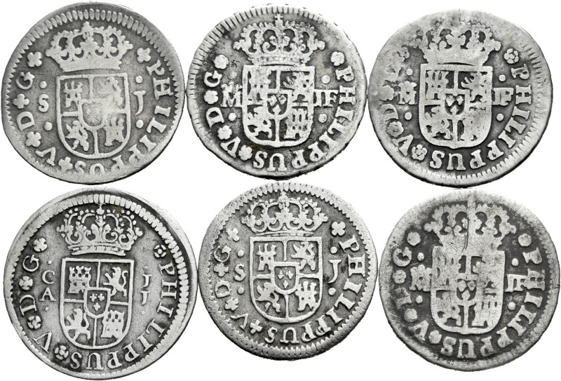 Lot of 6 coins of 1/2 real Philip V; Cuenca 1726, Madrid 1735 (2), 1738 and Sevi...
