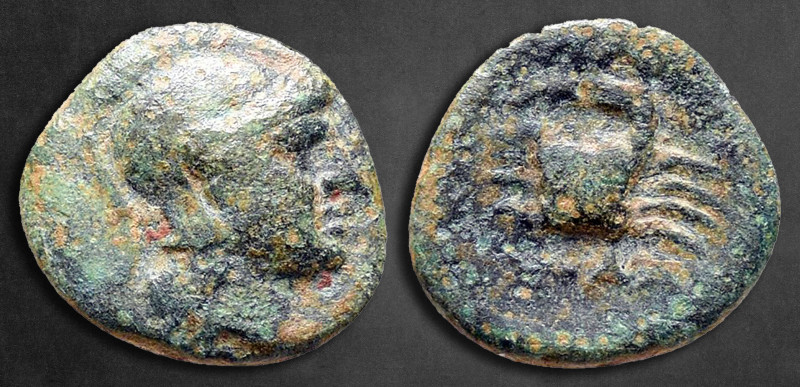 Islands off Caria. Telos circa 350 BC. 
Bronze Æ

10 mm, 0,74 g

Helmeted h...