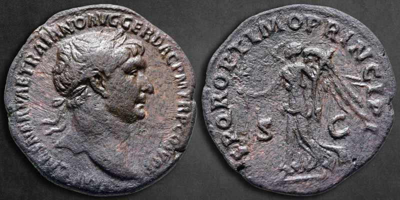 Trajan AD 98-117. Rome
As Æ

26 mm, 6,46 g

IMP CAES NERVAE TRAIANO AVG GER...