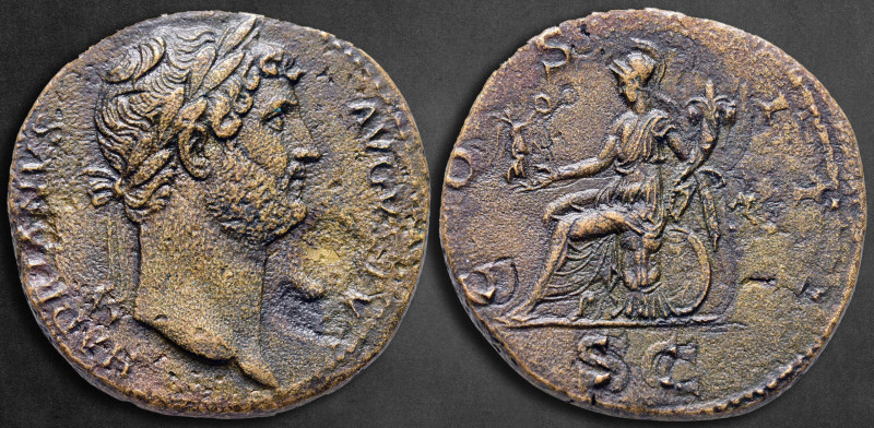 Hadrian AD 117-138. Rome
Sestertius Æ

33 mm, 21,48 g

HADRIANVS AVGVSTVS, ...