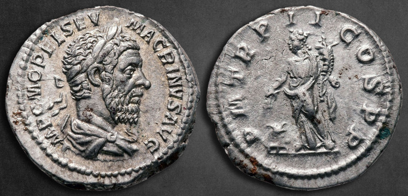 Macrinus AD 217-218. Rome
Denarius AR

20 mm, 2,86 g

IMP C M OPEL SEV MACR...