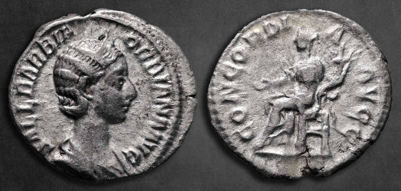 Orbiana AD 225. Rome
Denarius AR

20 mm, 2,65 g

SALL BARBIA ORBIANA AVG, d...