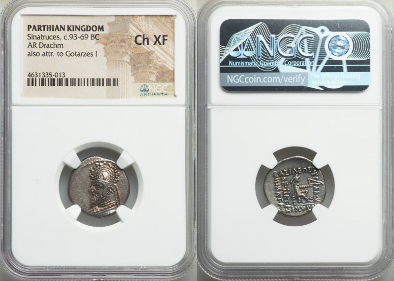 PARTHIAN KINGDOM. Sinatruces (ca. 93-69 BC). AR drachm (19mm, 11h). NGC Choice X...