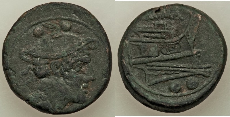 Anonymous. Ca. 215-212 BC. AE sextans (25mm, 14.51 gm, 5h). About VF. Rome mint....