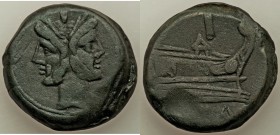 Anonymous. After 211 BC. AE as (35mm, 48.79 gm, 12h). VF. Uncertain mint. Laureate head of bearded Janus; I (mark of value) above / Prow of galley rig...