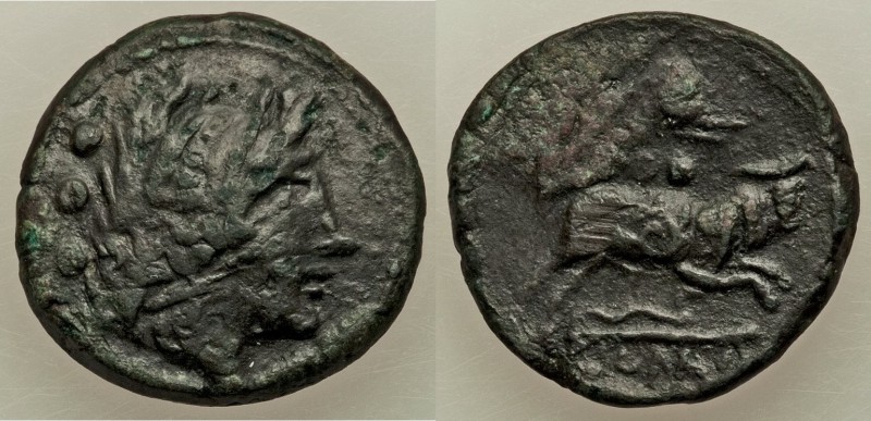 Anonymous. 211-208 BC. AE quadrans (21mm, 6.22 gm, 7h). VF. Sicily, Head of Herc...