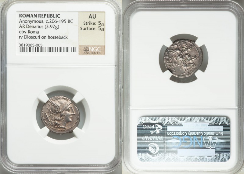 Anonymous (ca. 206-195 BC). AR denarius (19mm, 3.92 gm, 8h). NGC AU 5/5 - 5/5. S...