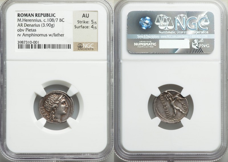 M. Herennius (ca. 108/7 BC). AR denarius (19mm, 3.90 gm, 11h). NGC AU 5/5 - 4/5....