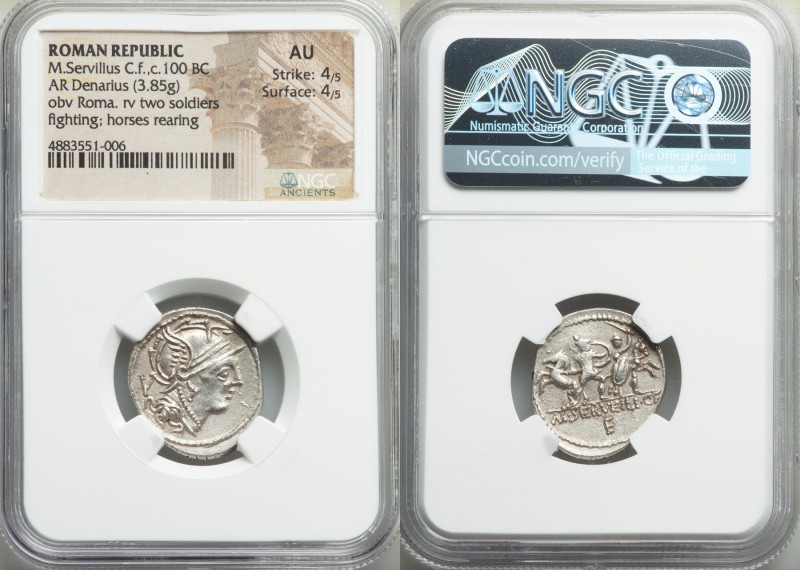 M. Servilius C.f. (ca. 100 BC). AR denarius (21mm, 3.85 gm, 11h). NGC AU 4/5 - 4...