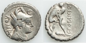 C. Poblicius Q.f. (80 BC). AR denarius (18mm, 4.07 gm, 7h). VF, bankers marks. ROMA, draped bust of Roma right, wearing Apulo-Corinthian helmet with e...