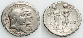 Q. Fufius Calenus and Mucius Cordus (70 BC). AR serrate denarius (21mm, 3.66 gm, 6h). VF. Rome. Jugate heads of Honos and Virtus right, labeled HO and...