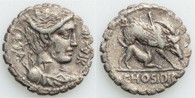 C. Hosidius C.f. Geta (68 or 64 BC). AR serrate denarius (19mm, 3.74 gm, 7h). VF, bankers mark, crystallization. Rome. Draped bust of Diana right, bow...
