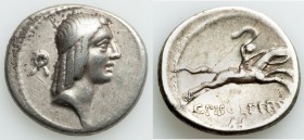 C. Piso L.f. Frugi. (61 BC). AR denarius (18mm, 3.81 gm, 6h). VF, scratch. Laureate head of Apollo right, wreath behind / Naked horseman galloping rig...