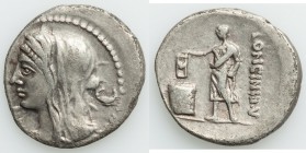 L. Cassius Longinus (60 BC). AR denarius (19mm, 3.69 gm, 6h). VF. Rome. Draped and veiled bust of Vesta right; kylix behind; C below chin / LONGIN•III...