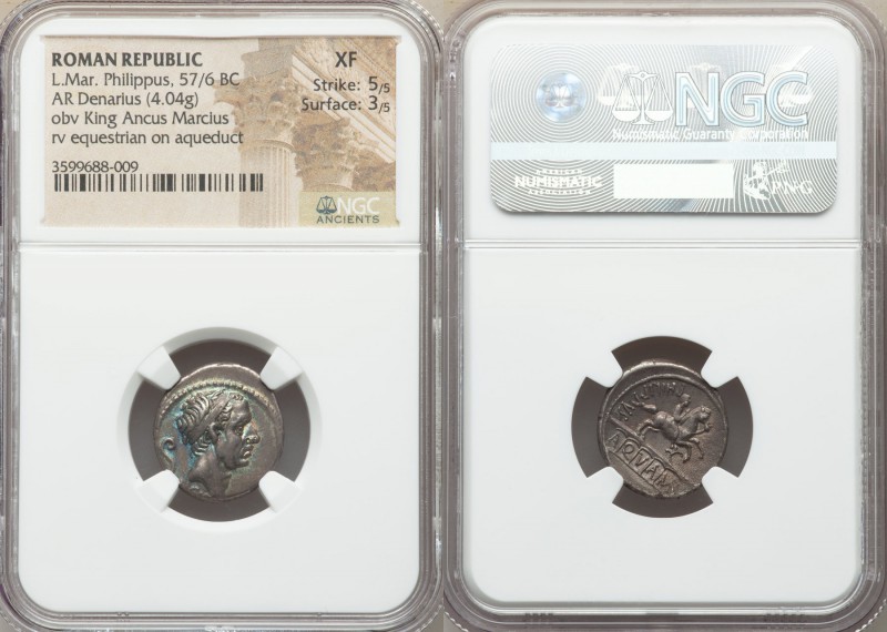 L. Marcius Philippus (57/6 BC). AR denarius (18mm, 4.04 gm, 2h). NGC XF 5/5 - 3/...