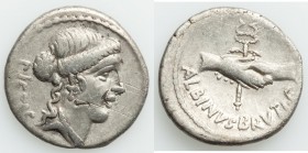 Albinus Bruti f. (48 BC). AR denarius (18mm, 3.56 gm, 5h), VF, bankers mark, scratches. Rome. PIETAS, head of Pietas right, wearing pendant earring, s...